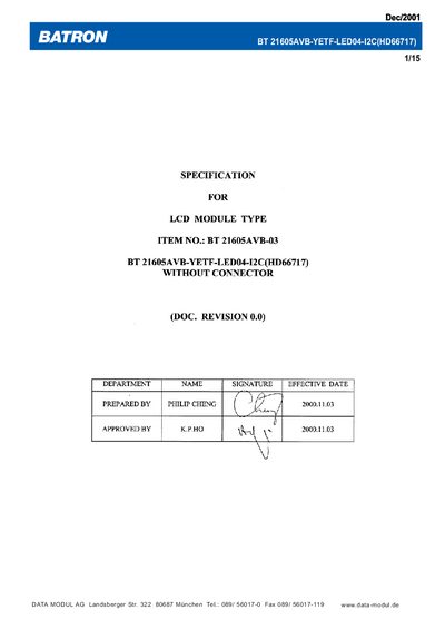 BATRON BT 21605AVB-YETF-LED04-I2C (HD66717) LCD Module Datasheet - cover page