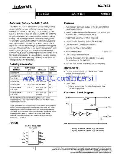 Intersil ICL7673 Battery Backup Switch Datasheet - cover page