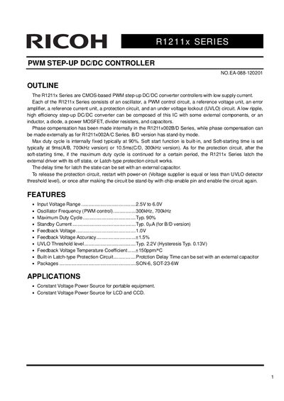 Ricoh R1211x Series PWM Step-Up DC/DC Controller Datasheet