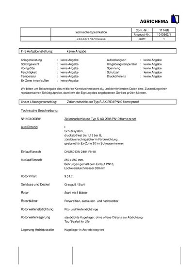TBMA S-AX 250/I/PN10 Cell Wheel Chute Technical Specification - cover page