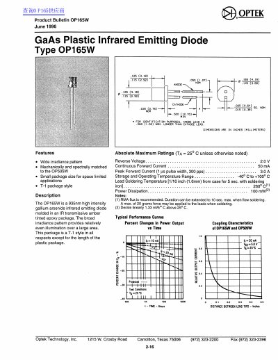 Optek OP165W GaAs Plastic Infrared Emitting Diode Datasheet - cover page