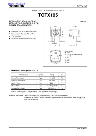 Toshiba TOTX195 Fiber Optic Transmitting Module User Manual - cover page