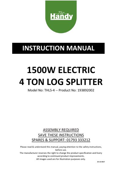 Handy Distribution THLS-4 Electric Log Splitter Instruction Manual