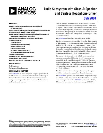 Analog Devices SSM2804 Audio Subsystem Product Handbook - cover page