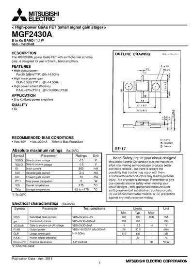 Mitsubishi Electric MGF2430A High-Power GaAs FET Datasheet - cover page
