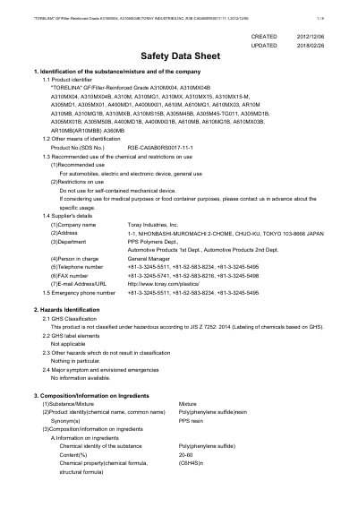 Toray TORELINA GF/Filler-Reinforced Grade A310MX04, A310MX04B Safety Data Sheet - cover page
