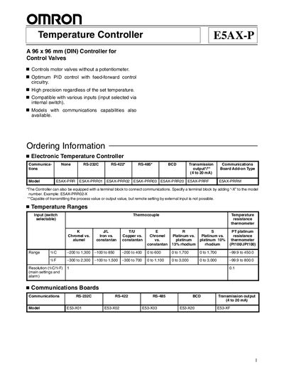 Omron E5AX-P Temperature Controller Datasheet - cover page