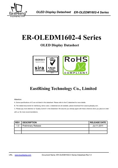 EastRising ER-OLEDM1602-4 Series OLED Display Datasheet - cover page