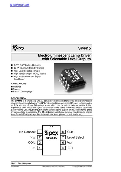 Sipex SP4415 Electroluminescent Lamp Driver Datasheet - cover page