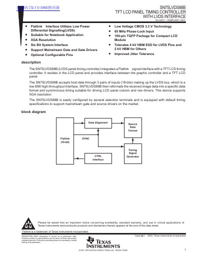 Texas Instruments SN75LVDS88B TFT LCD Panel Timing Controller Datasheet - cover page