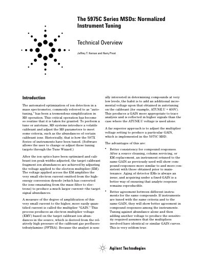 Agilent 5975C Series MSD Normalized Instrument Tuning Manual - cover page