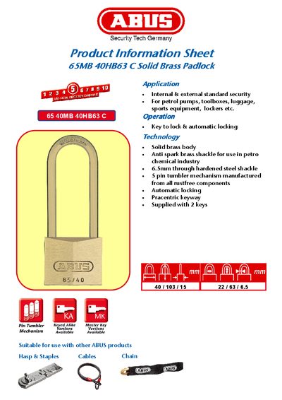 ABUS 65MB 40HB63 C Solid Brass Padlock Product Information Sheet - cover page