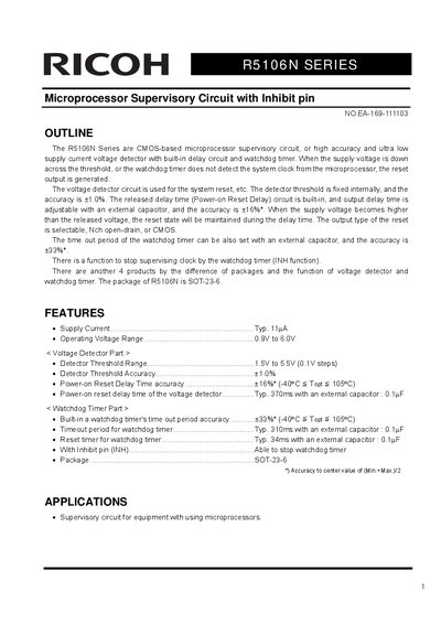 Ricoh R5106N Series Microprocessor Supervisory Circuit Datasheet - cover page