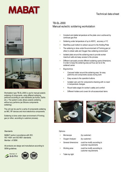 MABAT TB-SL-2000 Manual Eutectic Soldering Workstation Technical Data Sheet
