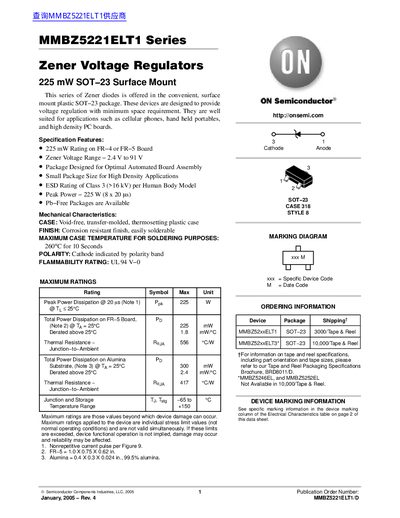 ON Semiconductor MMBZ5221ELT1 Series Zener Voltage Regulator Datasheet - cover page