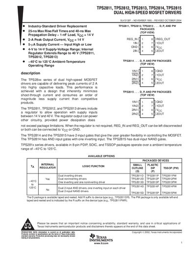 Texas Instruments TPS2811‑TPS2815 Dual High‑Speed MOSFET Drivers Datasheet - cover page