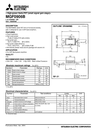 Mitsubishi Electric MGF0906B High‑Power GaAs FET Datasheet - cover page