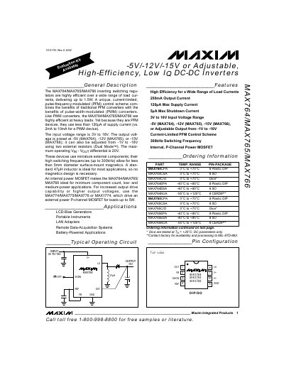 Maxim MAX764/MAX765/MAX766 Inverting Switching Regulators Datasheet