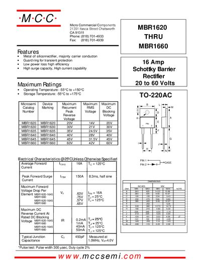 MCC MBR1620 THRU MBR1660 Data Sheet - cover page