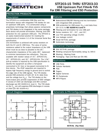 Semtech STF203-15 THRU STF203-33 USB Upstream Port Filter Datasheet - cover page