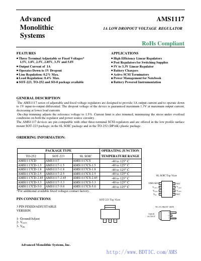 Advanced Monolithic Systems AMS1117 Voltage Regulator Datasheet - cover page