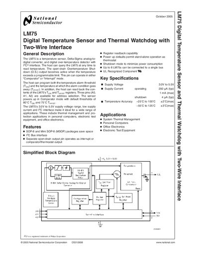 National Semiconductor LM75 Digital Temperature Sensor Datasheet - cover page
