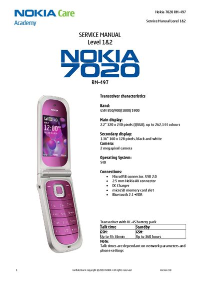 Nokia 7020 Service Manual Level 1&2 - cover page