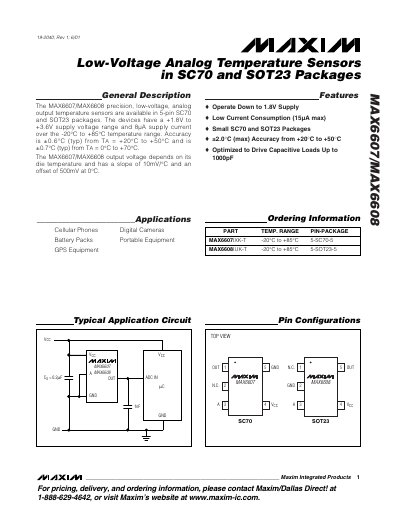 Maxim MAX6607/MAX6608 Low-Voltage Analog Temperature Sensors Datasheet - cover page