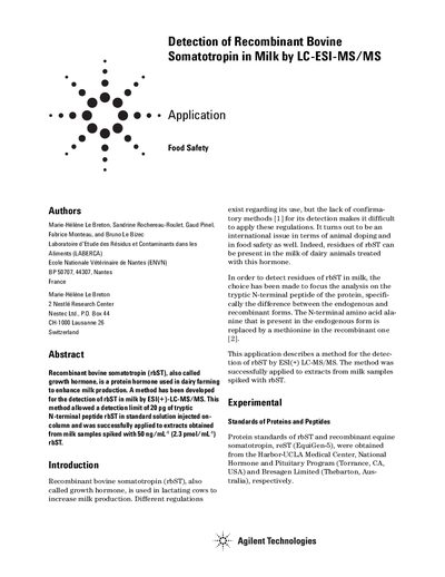 Agilent 1200/6410 LC-ESI-MS/MS Detection of rbST in Milk - cover page
