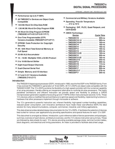 Texas Instruments TMS320C1x Digital Signal Processor Datasheet