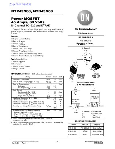ON NTP45N06 NTB45N06 Power MOSFET 45 Amps 60 Volts N Channel TO 220 D2PAK handbook - cover page