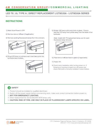 AM Conservation Group L12T8G35A - L12T8G50A Series LED T8 Installation Instructions