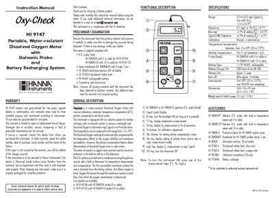 Hanna Instruments HI 9147 Dissolved Oxygen Meter Instruction Manual - cover page