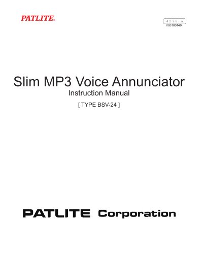 Patlite BSV-24 Slim MP3 Voice Annunciator Instruction Manual - cover page