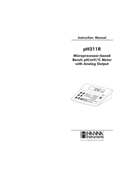 Hanna Instruments pH211R Bench pH/mV/C Meter Instruction Manual - cover page