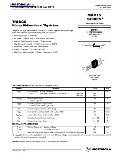 Motorola MAC15 Series TRIAC Datasheet