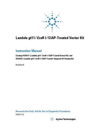 Agilent Lambda gt11/EcoR I/CIAP-Treated Vector Kit Instruction Manual - cover page