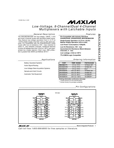 Maxim MAX382/MAX384 Low-Voltage 8-Channel/Dual 4-Channel Multiplexer Datasheet - cover page