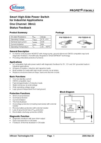 Infineon ITS436L2 PROFET Smart High‑Side Power Switch Datasheet - cover page