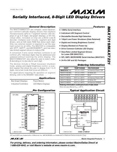 Maxim Integrated MAX7219/MAX7221 8‑Digit LED Display Drivers Datasheet - cover page