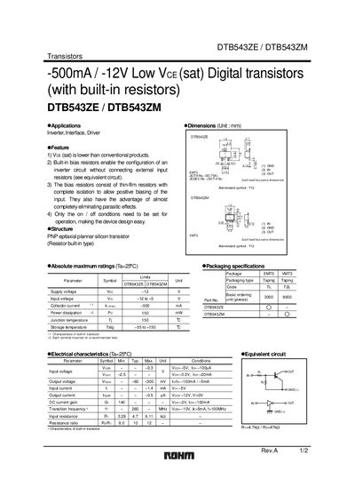 ROHM DTB543ZE Transistor Datasheet - cover page