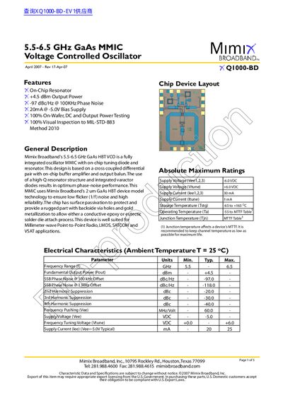 Mimix Broadband XQ1000-BD 5.5-6.5 GHz GaAs MMIC Voltage Controlled Oscillator Datasheet - cover page
