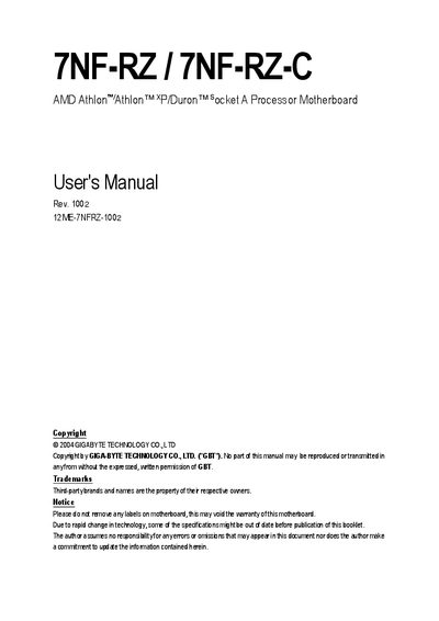 Gigabyte 7NF-RZ/7NF-RZ-C Motherboard User Manual - cover page