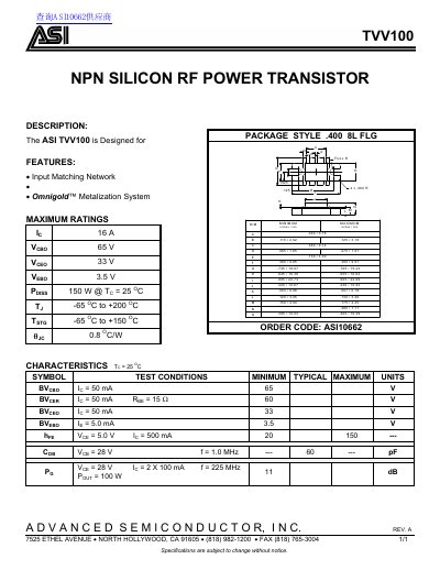 Advanced Semiconductor TVV100 RF Power Transistor Datasheet - cover page