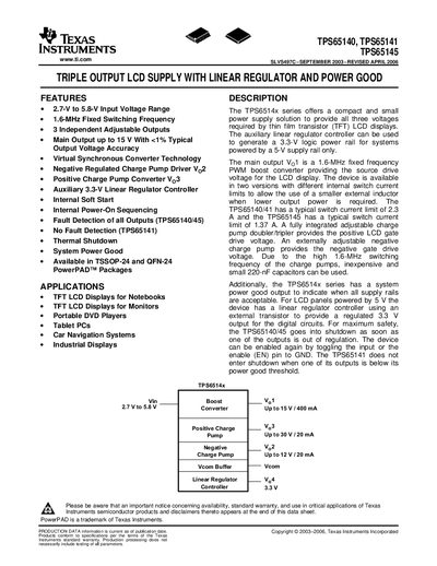 Texas Instruments TPS65140/ TPS65141/ TPS65145 Data Sheet - cover page