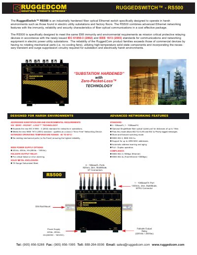 RuggedCom RS500 Industrial Fiber Optical Ethernet Switch Datasheet - cover page