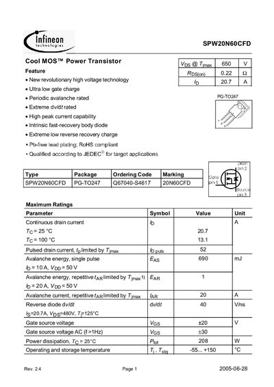 Infineon SPW20N60CFD Datasheet - cover page