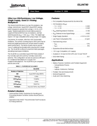 Intersil ISL84780 Ultra Low ON-Resistance Analog Multiplexer Datasheet - cover page