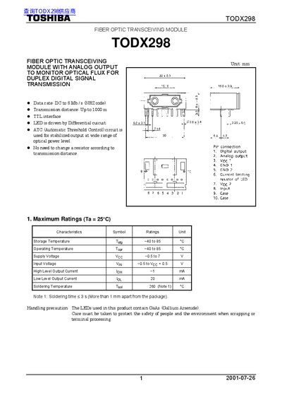 Toshiba TODX298 Fiber Optic Transceiving Module Datasheet - cover page