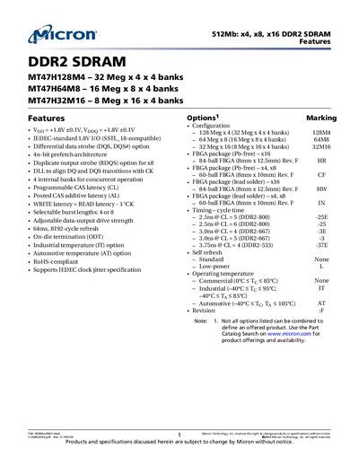 Micron MT47H128M4 / MT47H64M8 / MT47H32M16 DDR2 SDRAM Datasheet - cover page